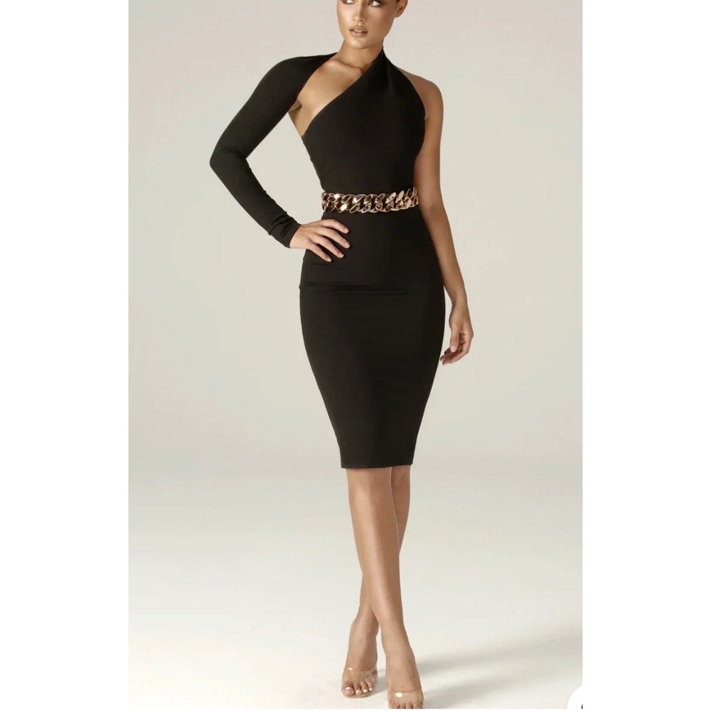 Alieva Dasha Black One Shoulder Long Sleeve Bodycon Midi Dress  Size L